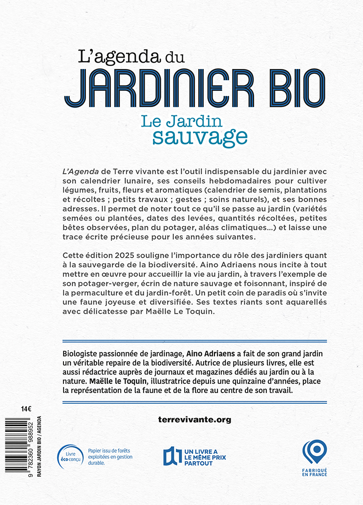 L'Agenda du jardinier bio 2025 - Aino Adriaens - TERRE VIVANTE