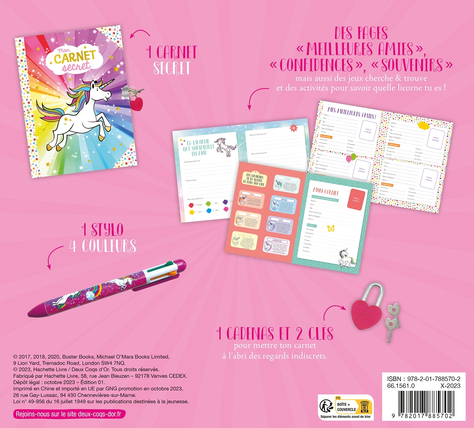 Mon carnet secret licorne - coffret avec stylo 4 couleurs - Paul Moran - DEUX COQS D OR