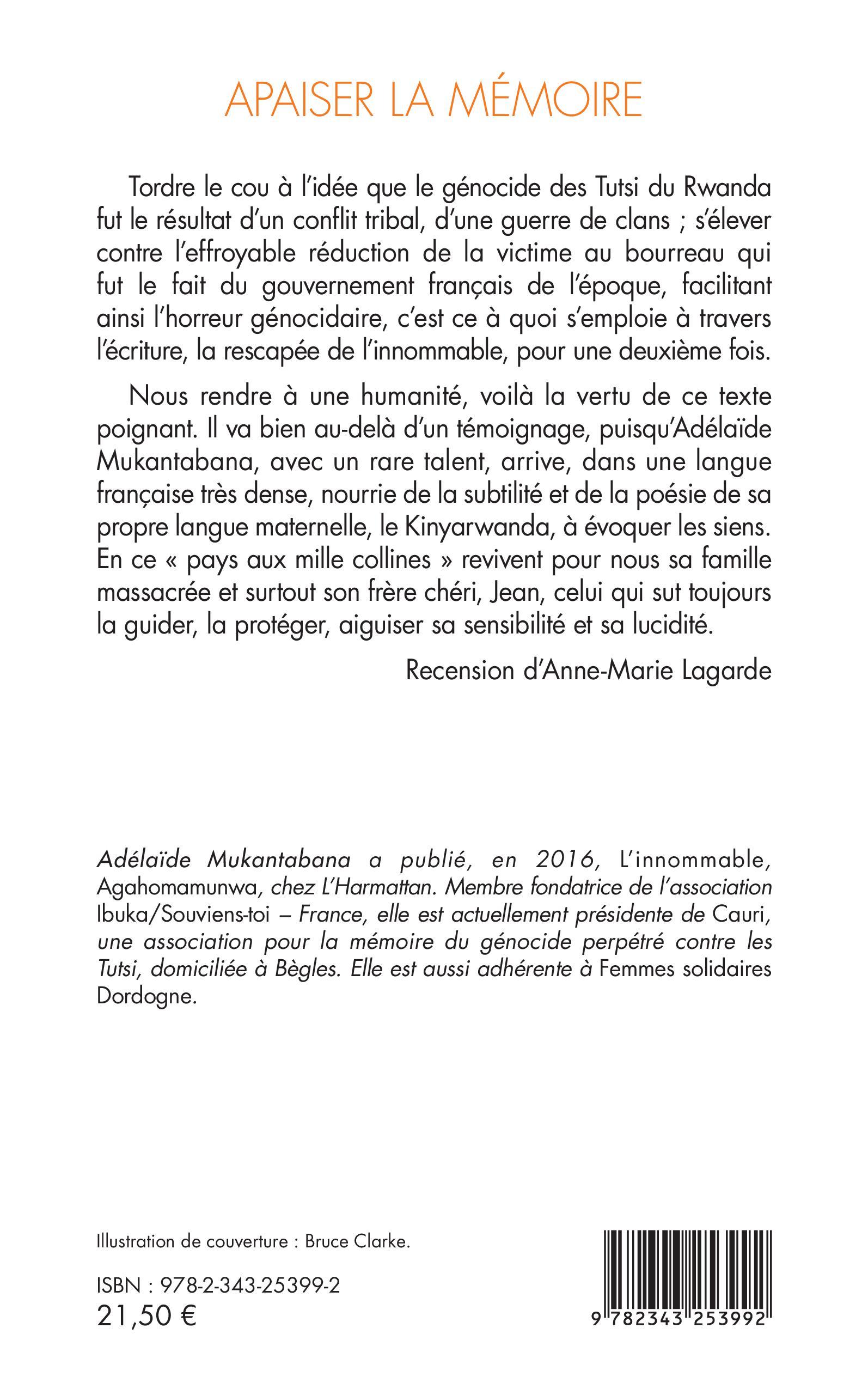Apaiser la mémoire - Adélaïde Mukantabana - L'HARMATTAN