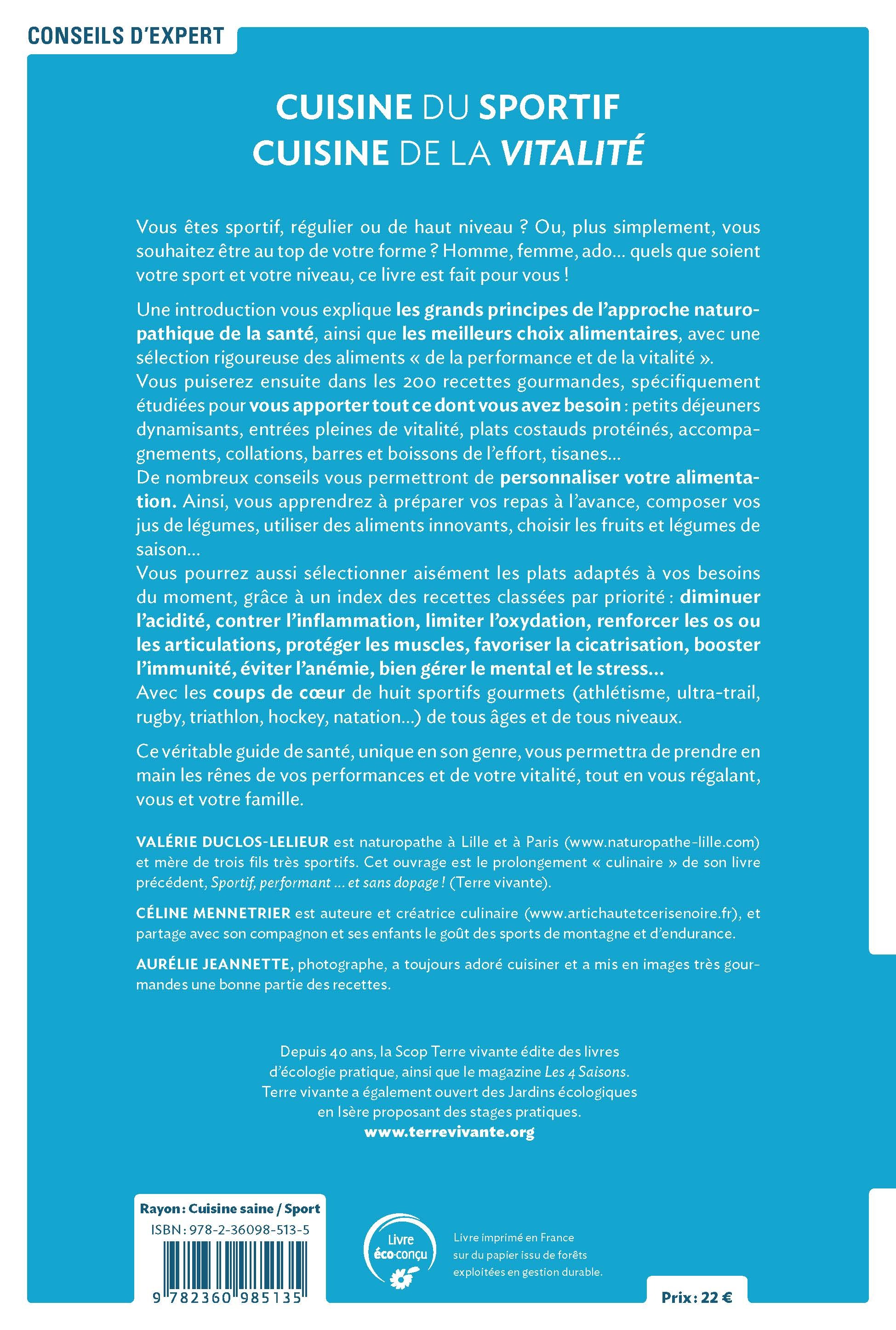 Cuisine du sportif cuisine de la vitalité - Valérie Duclos-Lelieur - TERRE VIVANTE